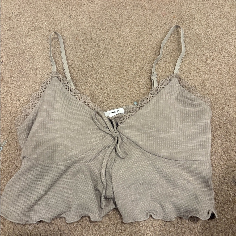 Garage Tan Ribbed Tie Front Camisole